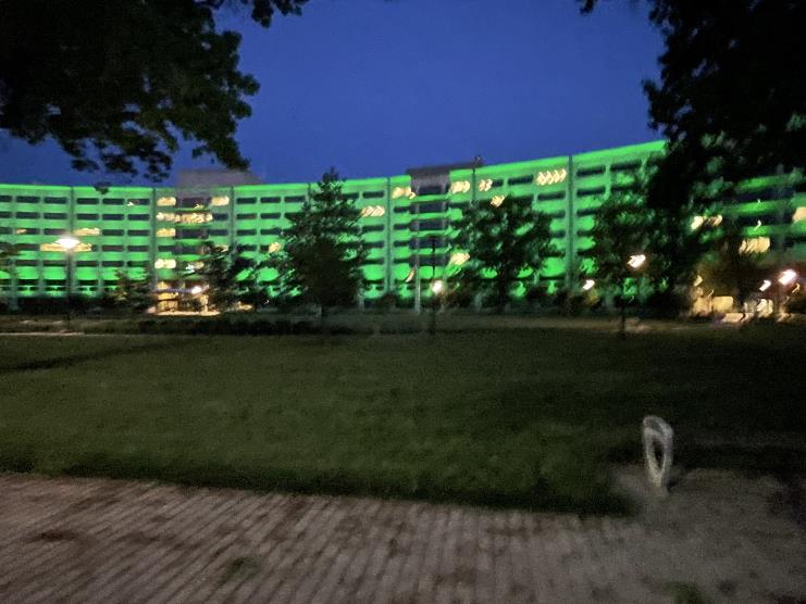 College of Medicine crescent building illuminated with green light