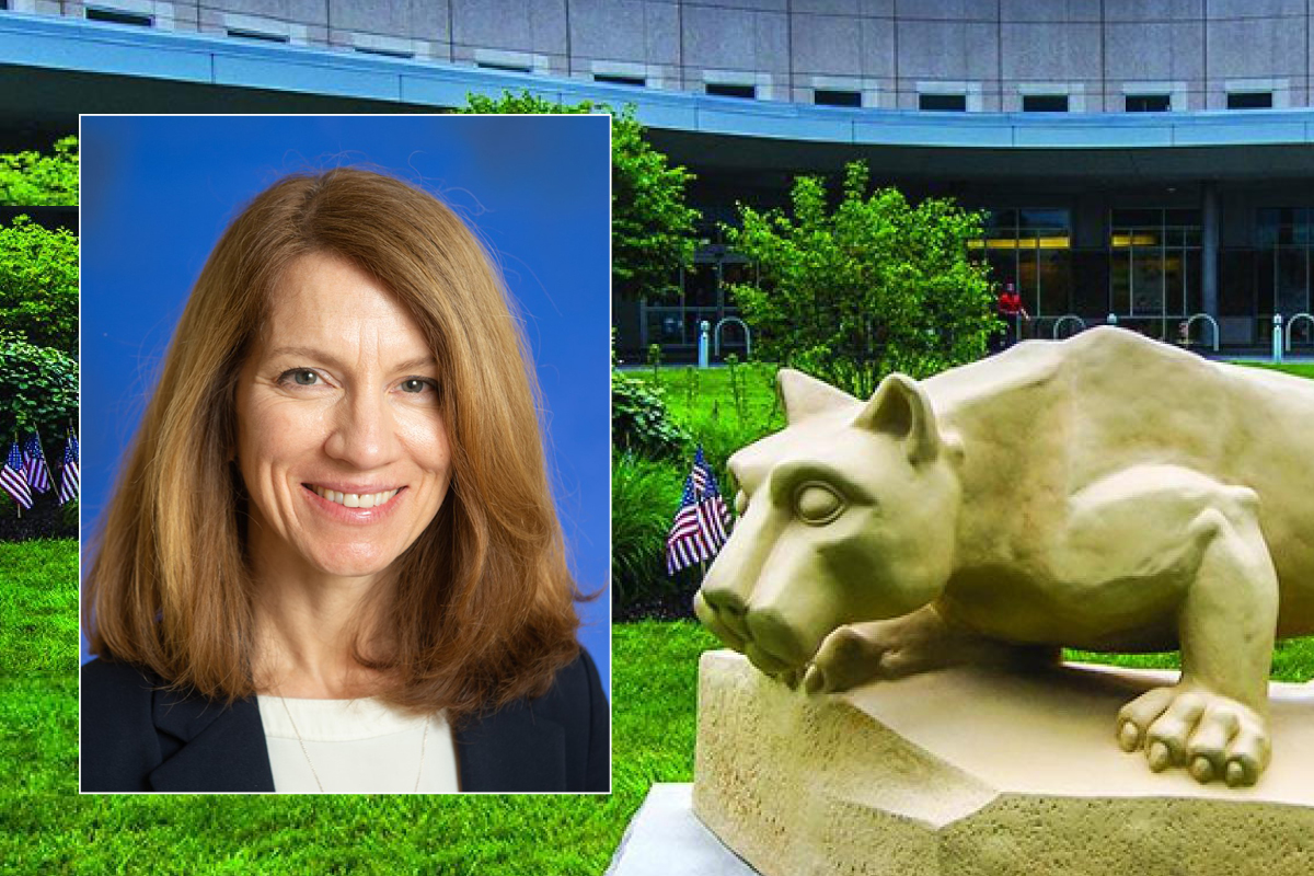 Portrait of Dr. Kimberly Wolf over a photo of the Nittany Lion statue in front of the medical center.