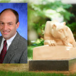 Image of the Penn State Nittany Lion statue with a photo of Penn State College of Medicine’s David Mauger alongside of it.