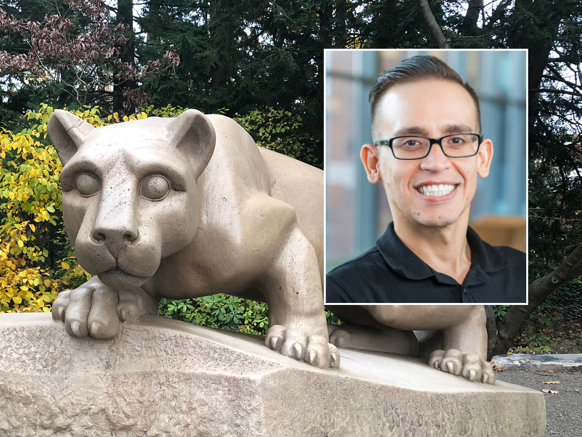 Image of a photo of Keenan Anderson-Fears, a student from Penn State’s Bioinformatics and Genomics PhD program overlaid on a photo of the Nittany Lion statute.