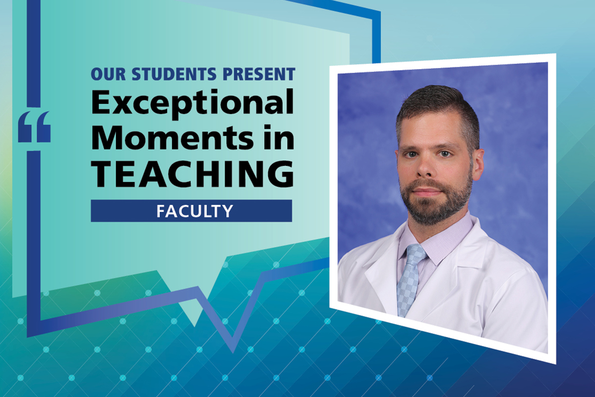 Portrait of Dr. Joshua Hazelton with the text, “Our students present – Exceptional Moments in Teaching – Faculty”