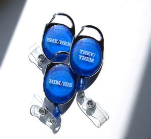 Three blue badge, each with the words “she/her,” “him/his” or “they/them”