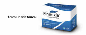 Text "Learn Finnish faster" next to a box for the fictitious medication Finnexia