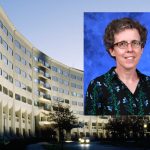 A head-and-shoulders professional portrait of Dr. Kathleen Julian superimposed on a background image of the College of Medicine crescent building