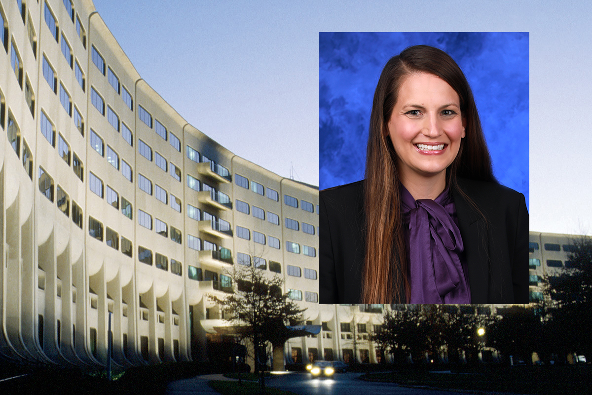 A head-and-shoulders professional portrait of Catharine Paules superimposed on a background image of the College of Medicine crescent building