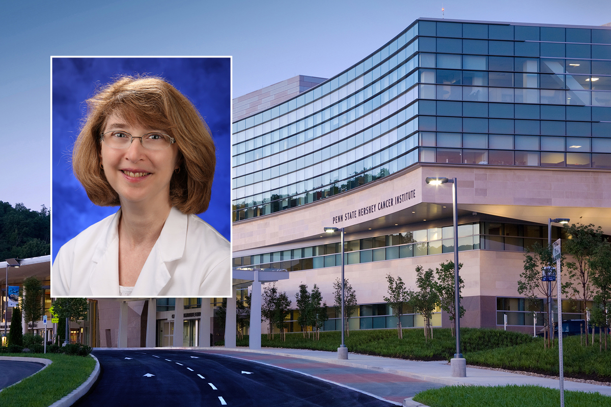 A head and shoulders professional portrait of Gail Matters against a background image of Penn State Cancer Institute.