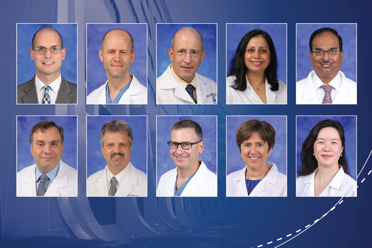 Head and shoulders professional portraits of William Calo Perez, Ephraim Church, William Curry, Smita Dandekar, Nandakumar Nagaraja, Dino Ravnic, Todd Schell, Scott Simon, Aleksandra Zgierska and Alice Zhang against a background image of Penn State College of Medicine.