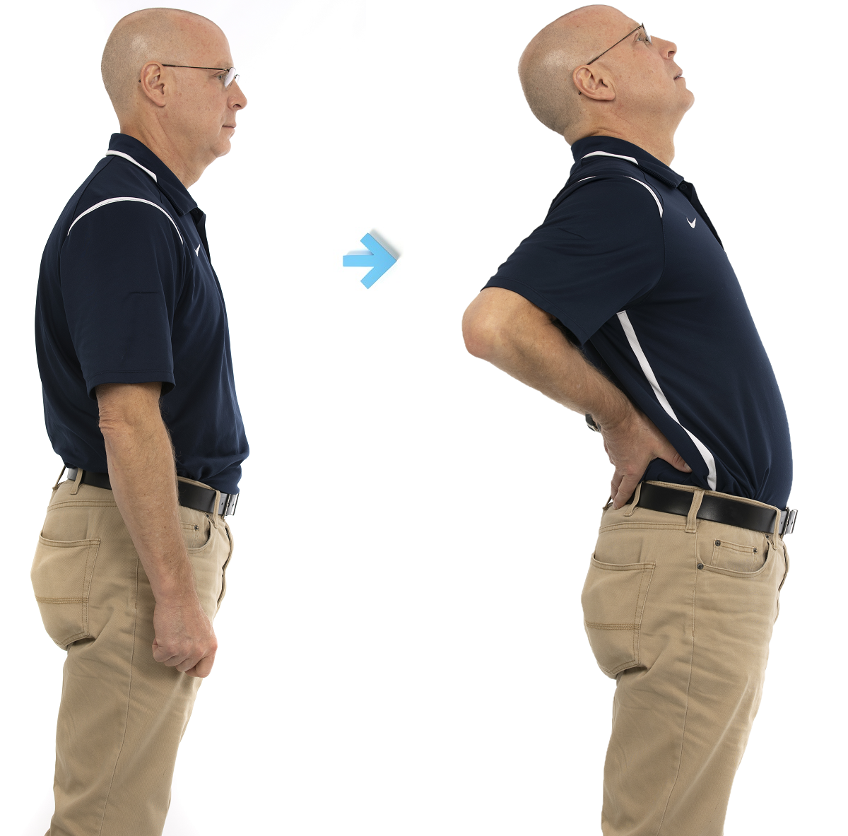 Cut-out images of Dean Plafcan stretching his back