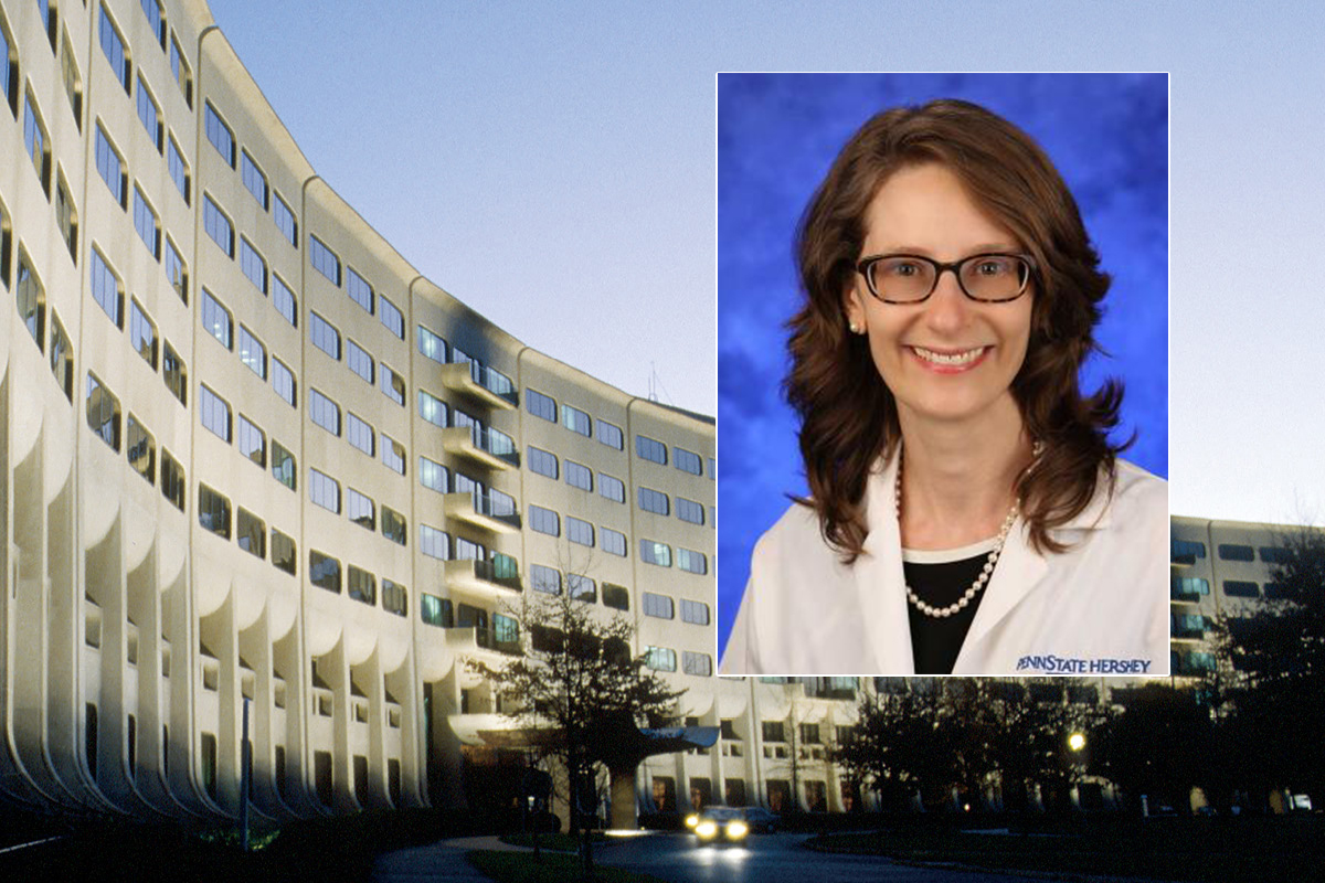 A head and shoulders portrait of Dr. Erika Saunders against a background image of Penn State College of Medicine.