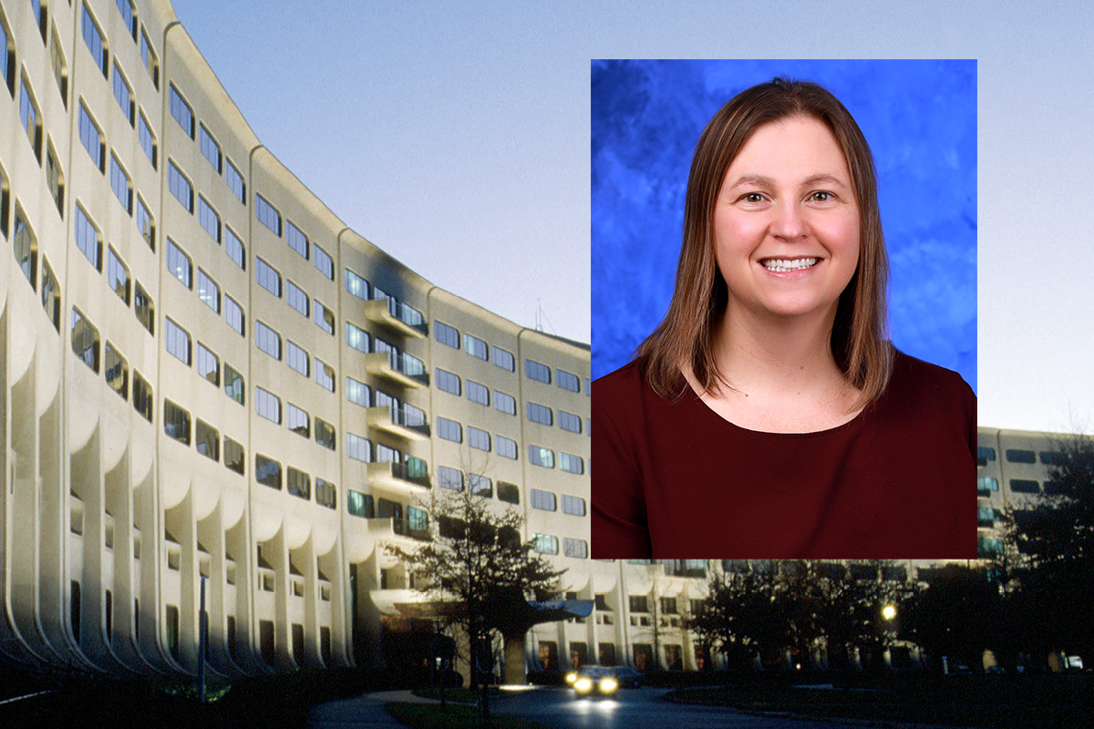 A head-and-shoulders image of Sharon Sowers superimposed over the College of Medicine crescent building.