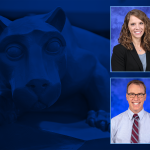 Portraits of Rachel Yost and Dr. Matt Silvis are superimposed over a rendering of the Penn State Nittany Lion statue.