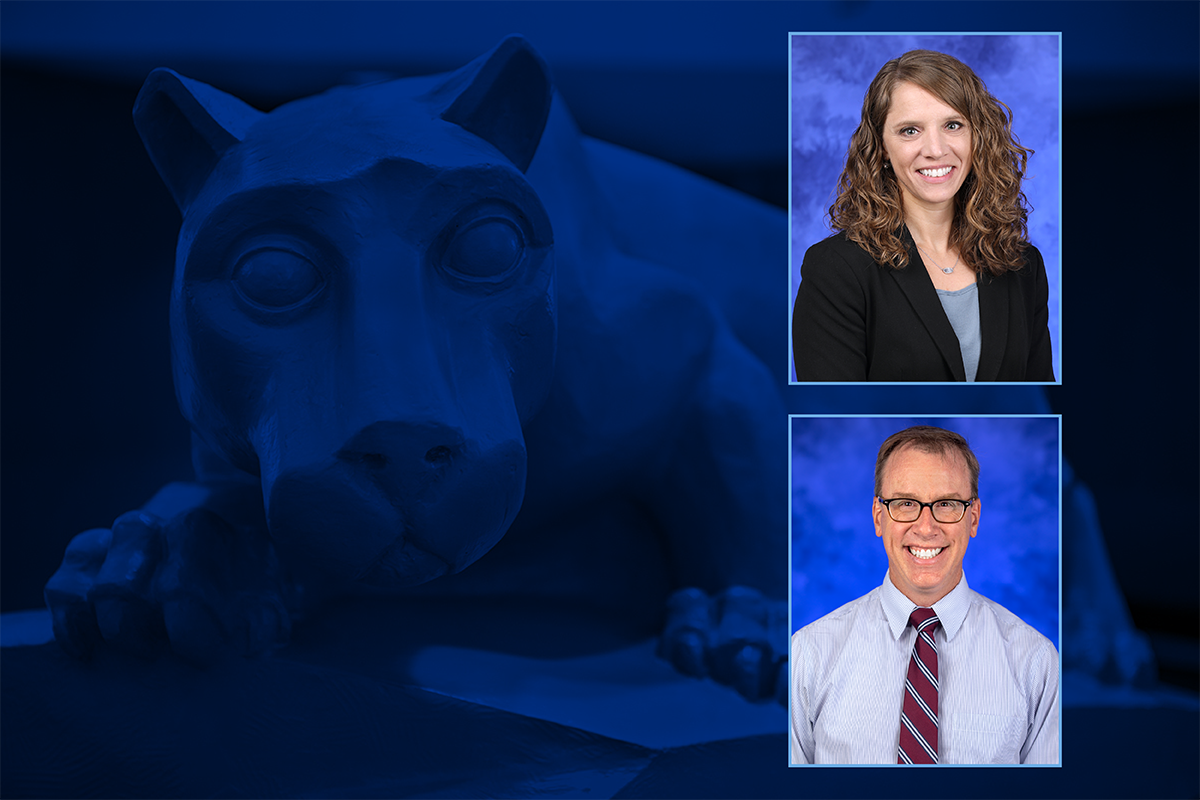 Portraits of Rachel Yost and Dr. Matt Silvis are superimposed over a rendering of the Penn State Nittany Lion statue.