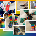 Collage of photos of people’s feet wearing rainbow socks.