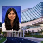A head and shoulders professional portrait of Dr. Monali Vasekar against a background image of Penn State Cancer Institute.