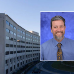 A portrait of Dr. Dan Shapiro in a shirt and tie is superimposed overtop an image of the crescent.
