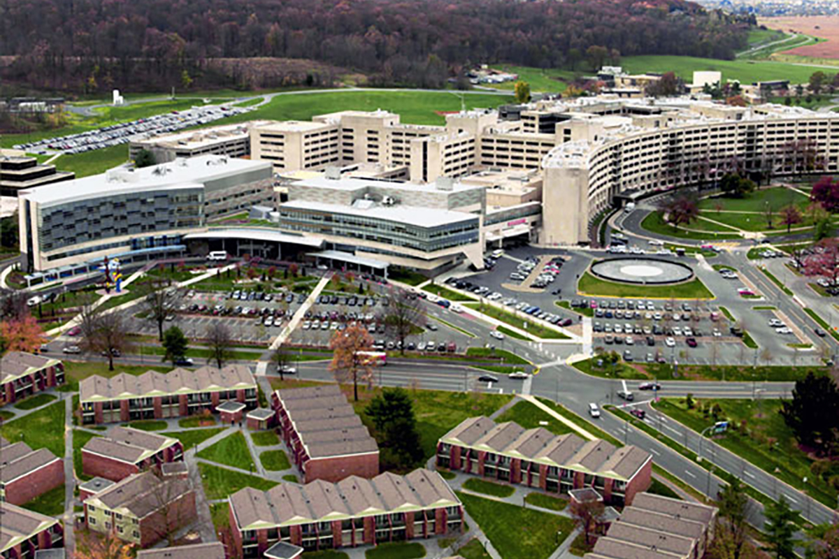 Arial view of the Hershey Medical Center and Penn State College of Medicine campus – complex of buildings and parking lots