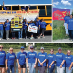 A collage of images of people in United Way T-shirts posting at various scenes.