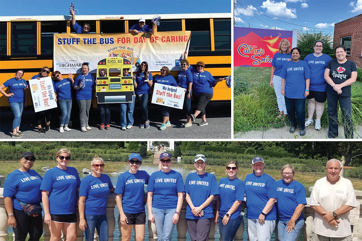 A collage of images of people in United Way T-shirts posting at various scenes.