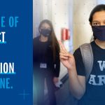 A student wearing a "We Are" shirt representing Penn State University stands superimposed over a graphic expressing the words, "College of Respect and Inclusion Medicine."