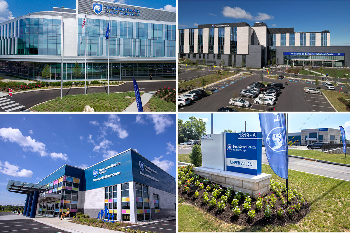 A composite image depicting Penn State Health's Hampden Medical Center, Lancaster Medical Center, Lancaster Pediatric Center and Penn State Health Medical Group - Upper Allen.