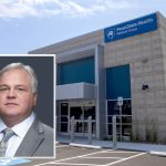 A headshot of Pete Ostasewski, in which he’s wearing a suit and tie, superimposed over a photo of a Penn State Health Medical Group clinic.