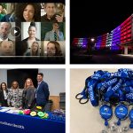 Collage of four images, one showing a snapshot from a video about diversity; one showing the Hershey Crescent lit in red, white and blue; one showing the diversity team standing at a Penn State Health display table and one showing a pile of Penn State Health lanyards that include “she/her,” “he/him” and “they/them” pronouns.