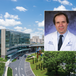 A portrait of Dr. Walter Koltun in a white coat is superimposed against a view of the Hershey Medical Center campus