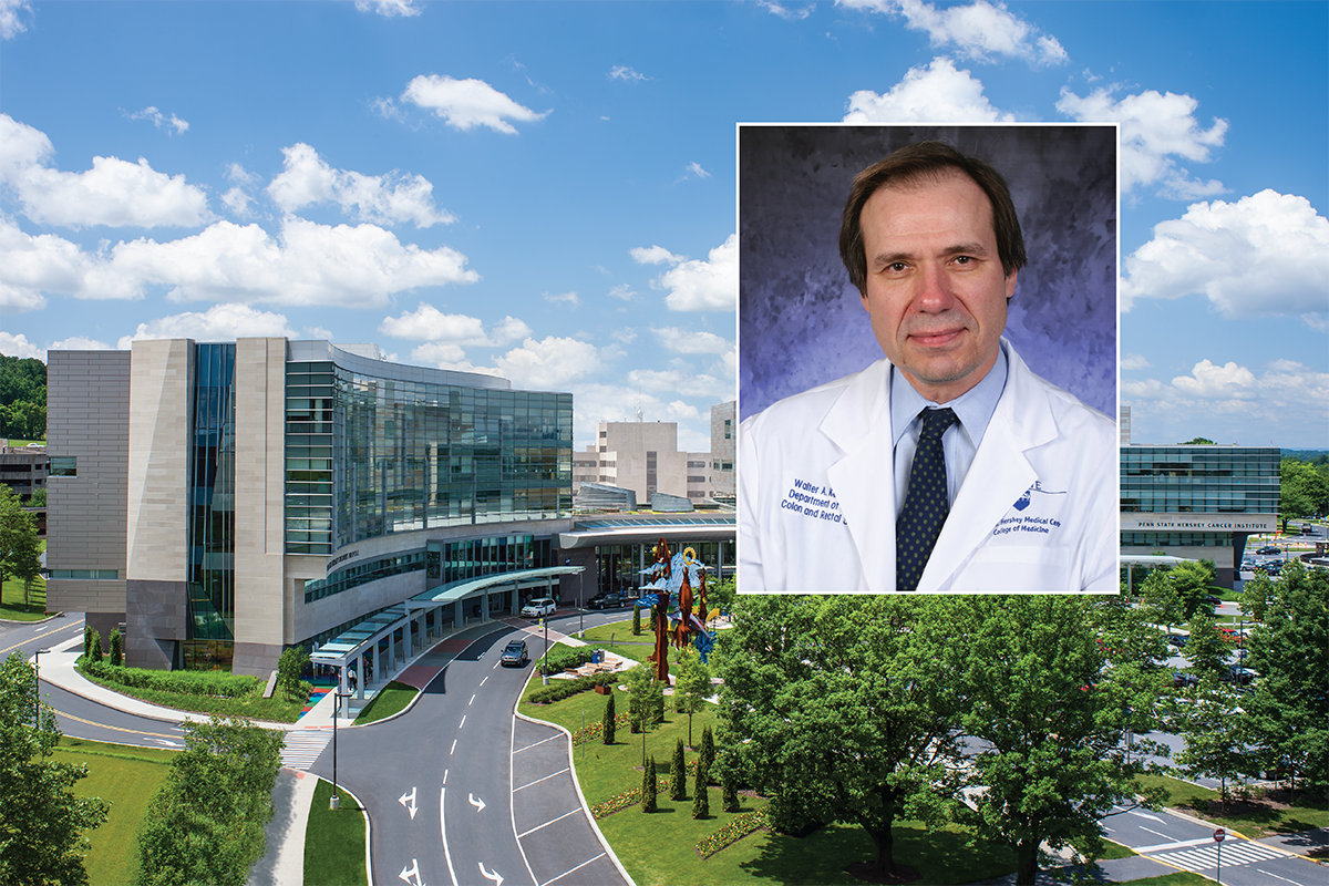 A portrait of Dr. Walter Koltun in a white coat is superimposed against a view of the Hershey Medical Center campus
