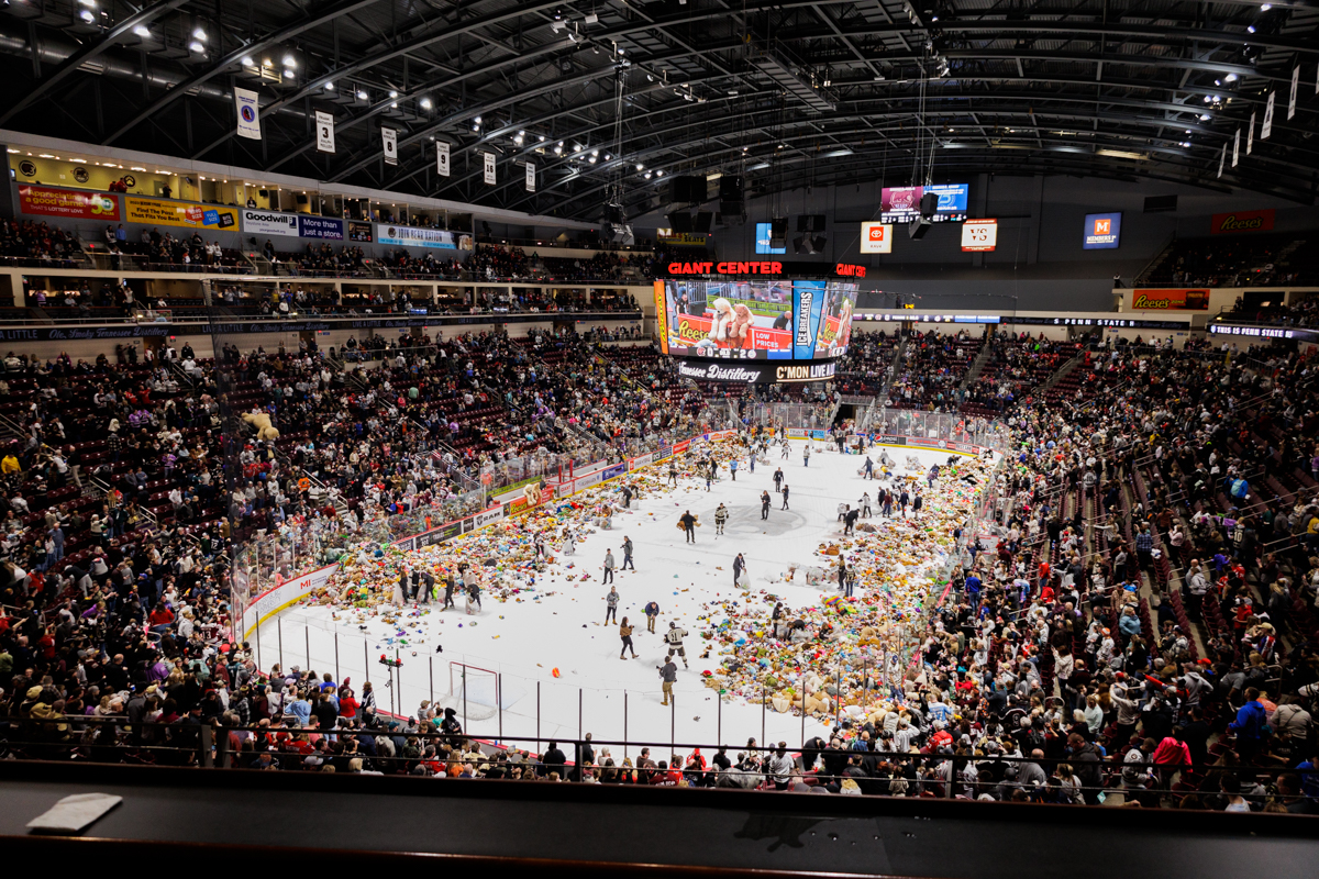 Thousands of teddy bears that benefit local charities and children's organizations sit on the ice at the Hershey Bears annual GIANT Teddy Bear Toss.