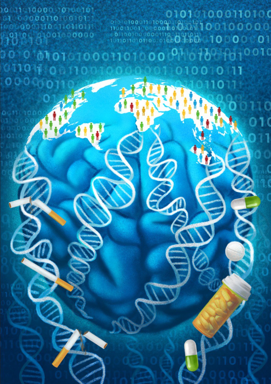 A decorative image shows a globe that up close is actually a brain with people standing on different continents in the northern hemisphere. The southern hemisphere of the brain shows multiple strands of DNA and cigarettes and various drugs, pills and a prescription bottle full of pills. In the background of the image are sequences of zeroes and ones.