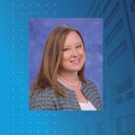 A head and shoulders professional portrait of Jennifer Nyland, PhD, against a background faded image of Penn State College of Medicine.