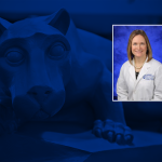 A portrait of Dr. April Armstrong is superimposed over an image of the Penn State Nittany Lion statue.