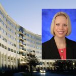 A head-and-shoulders portrait of Jennifer Kraschnewski with the College of Medicine crescent building in the background