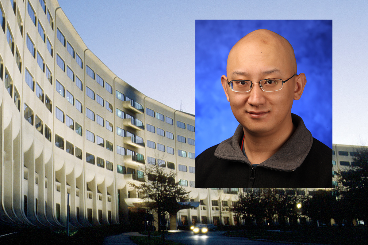 A head and shoulders professional portrait of Dajiang Liu, PhD, against a background image of Penn State College of Medicine.