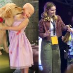 Two images are shown side-by-side. On the left, a little girl with no hair receives a kiss from a golden retriever. On the right, the same girl has a full head of hair, smiling downward at her own clipped hair handed to her by a woman.