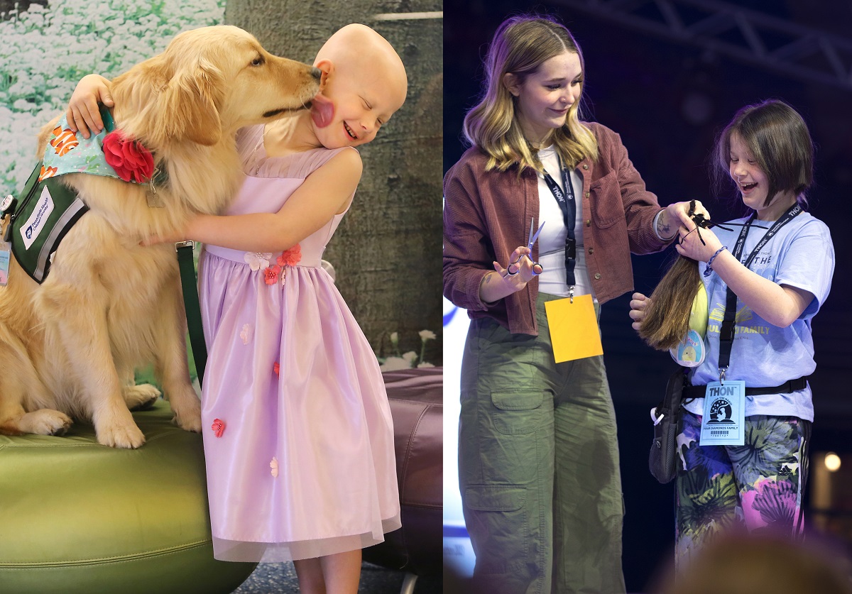 Two images are shown side-by-side. On the left, a little girl with no hair receives a kiss from a golden retriever. On the right, the same girl has a full head of hair, smiling downward at her own clipped hair handed to her by a woman.