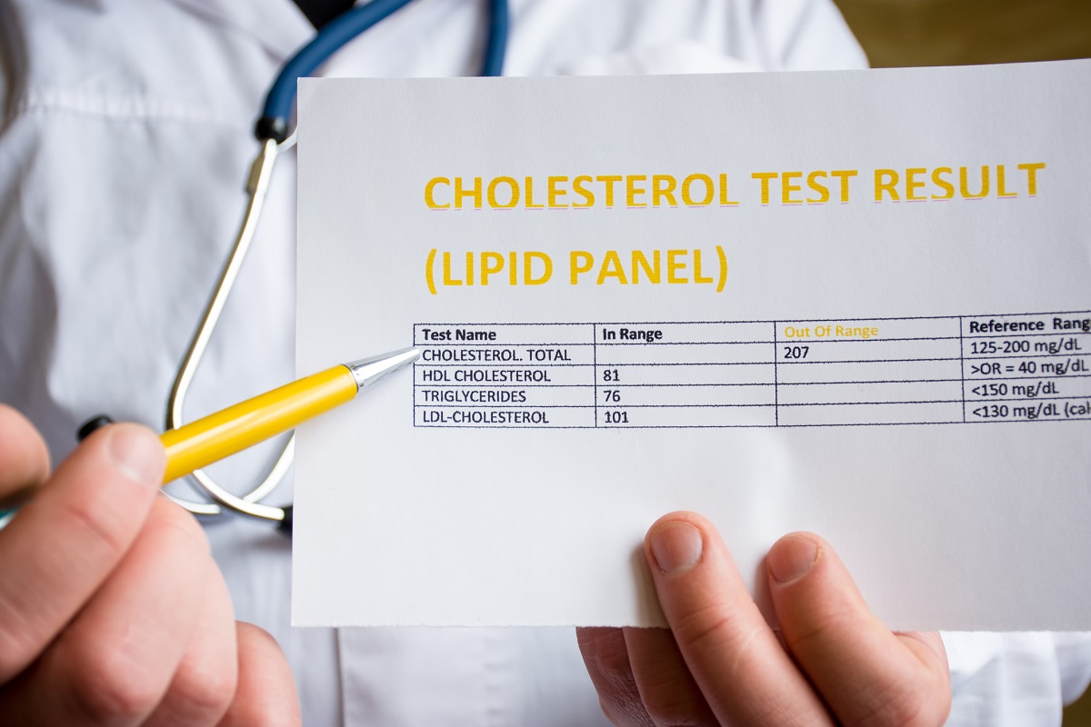 A physician uses a pen to point to a sheet of paper labeled “Cholesterol test result (Lipid panel).”