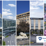 Collage of partial photos of the hospitals of Penn State Health in vertical strips. Block at bottom right with Penn State Health logo and “Town Hall.”