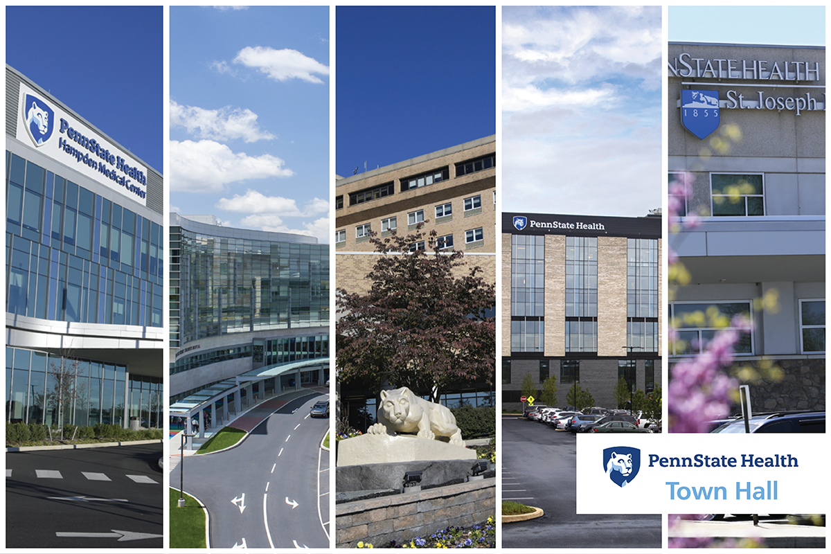 Collage of partial photos of the hospitals of Penn State Health in vertical strips. Block at bottom right with Penn State Health logo and “Town Hall.”