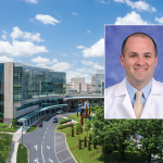 An image of Dr. Kevin Rakszawski is superimposed atop an image of the exterior of Hershey Medical Center.