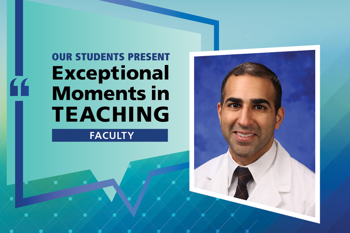 Portrait of Dr. Ajay Soni on graphic background with “Our students present Exceptional Moments in Teaching Faculty”