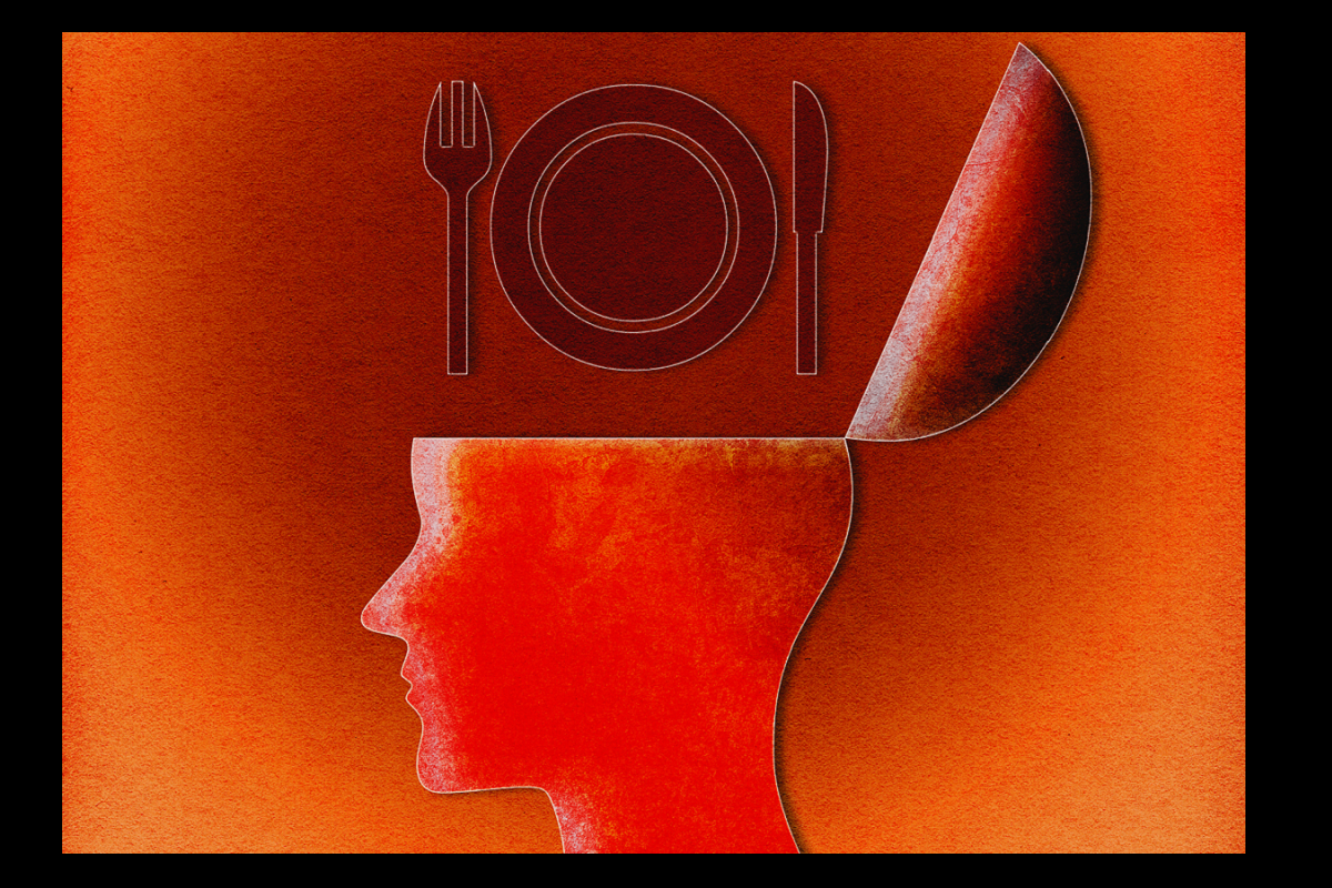 Side view open head illustration with knife, fork and plate.