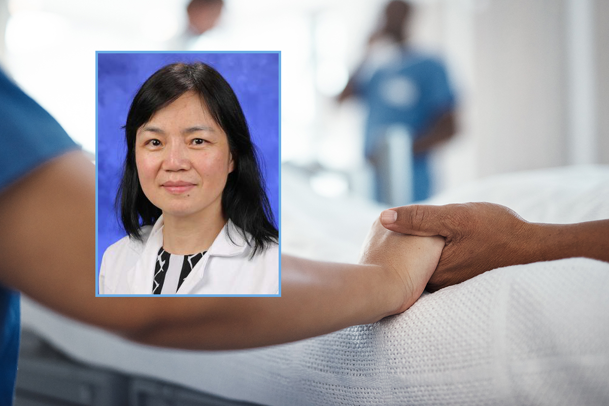 Portrait of woman in physician assistant coat, smiling, overlaid on background photo of a clinician holding the hand of a patient in a hospital bed - closeup of hands.