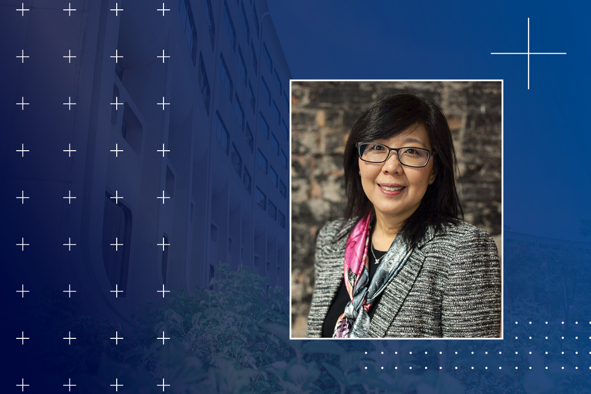 A head and shoulders professional portrait of Karen Kim, MD, against a background image of Penn State College of Medicine.