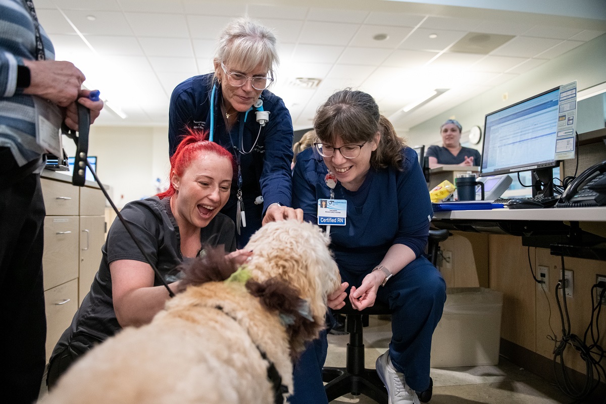 Three women surround a dog. The women are all smiling and wearing scrubs.