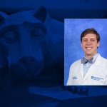 Dr. Christopher “Kit” Heron's portrait is pasted next to a rendering of the Penn State Nittany Lion.