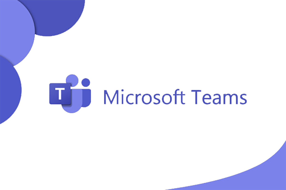 MS Teams logo with the words “Microsoft Teams” beside it, three overlapping circles in upper left corner, curved color block in lower right corner.