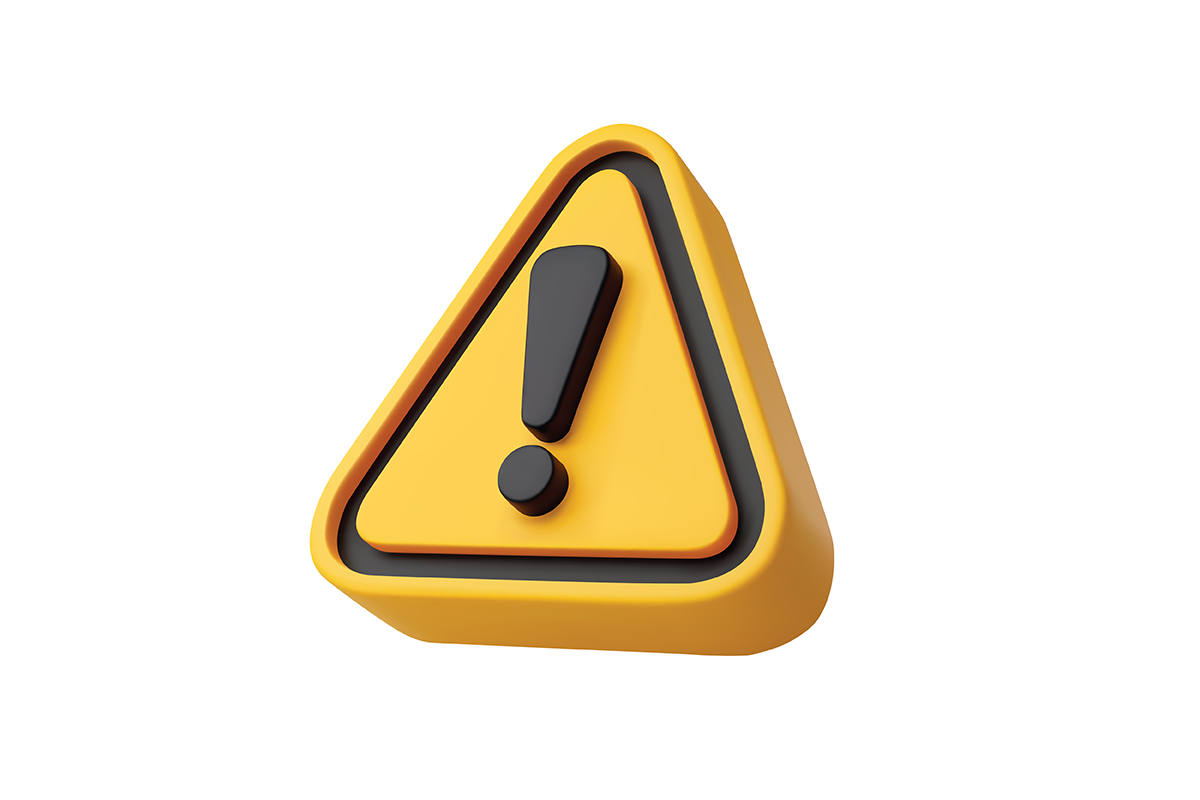 Triangular alert sign with an exclamation point in 3D.