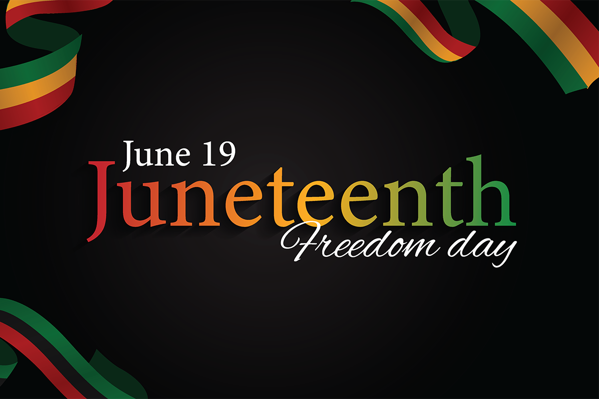 “June 19 Juneteenth Freedom Day” on plain background surrounded by ribbons of colors that represent the African/African American culture.
