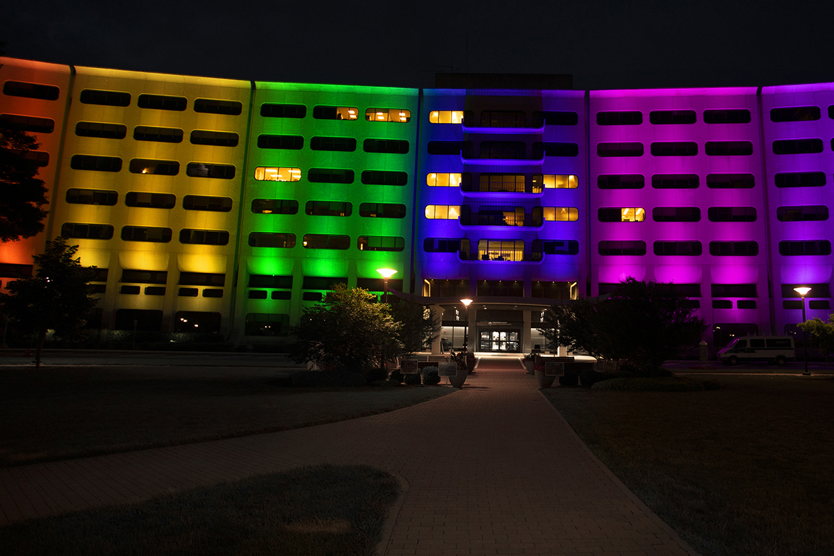 Building lit in blocks of each color of the rainbow.